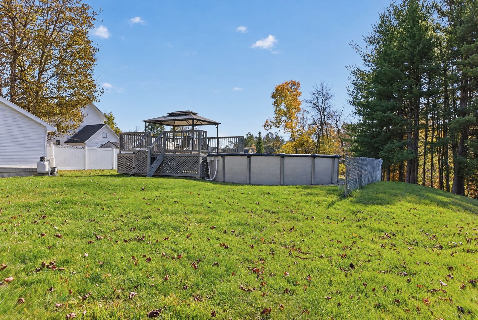 Backyard with above ground pool, deck and pergola